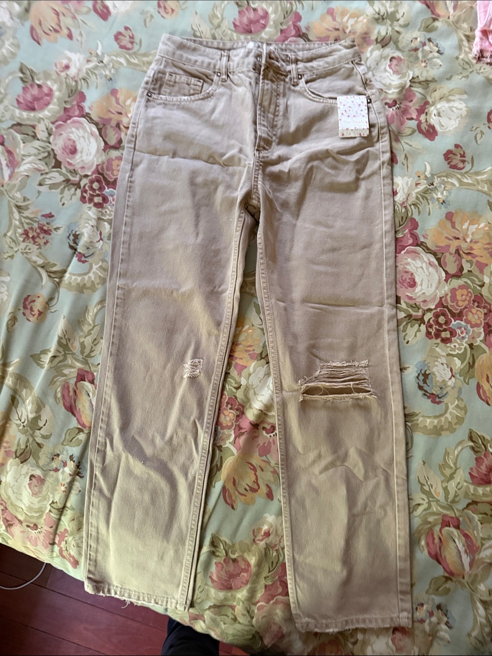 Free People Beige Distressed High-Rise Straight Jeans